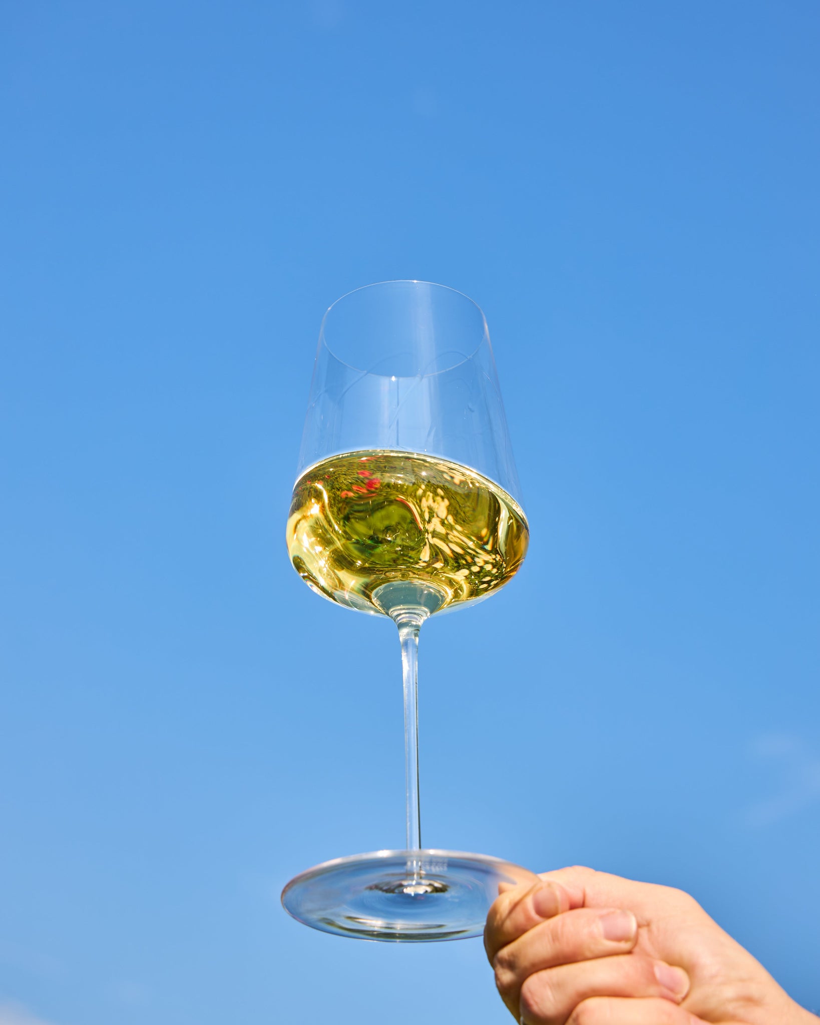 A hand holding a clear Zalto Universal wine glass filled with white wine against a bright blue sky background.